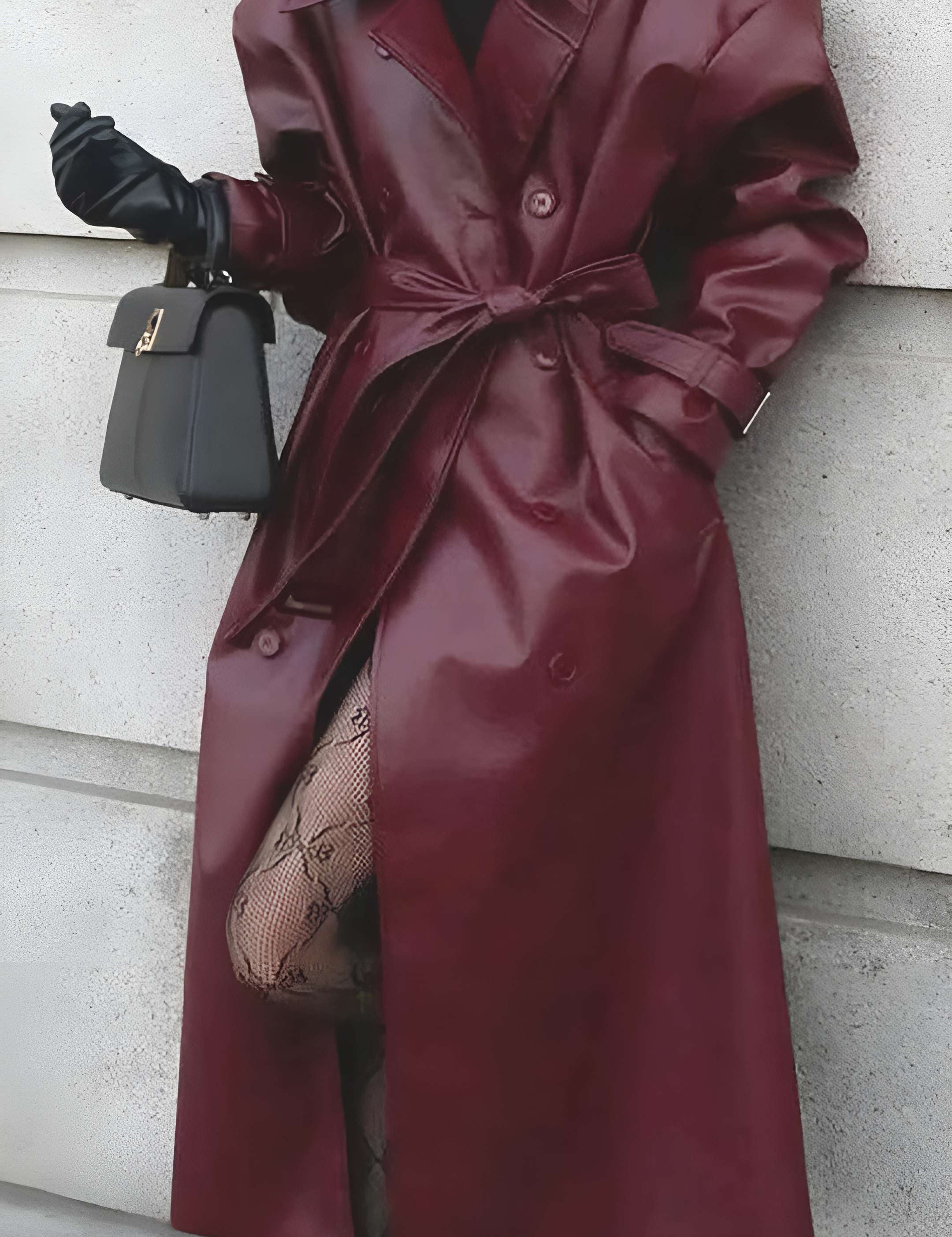 Elegant Bordeaux Faux Leather Trench Coat with Belt and Pockets for Women 1
