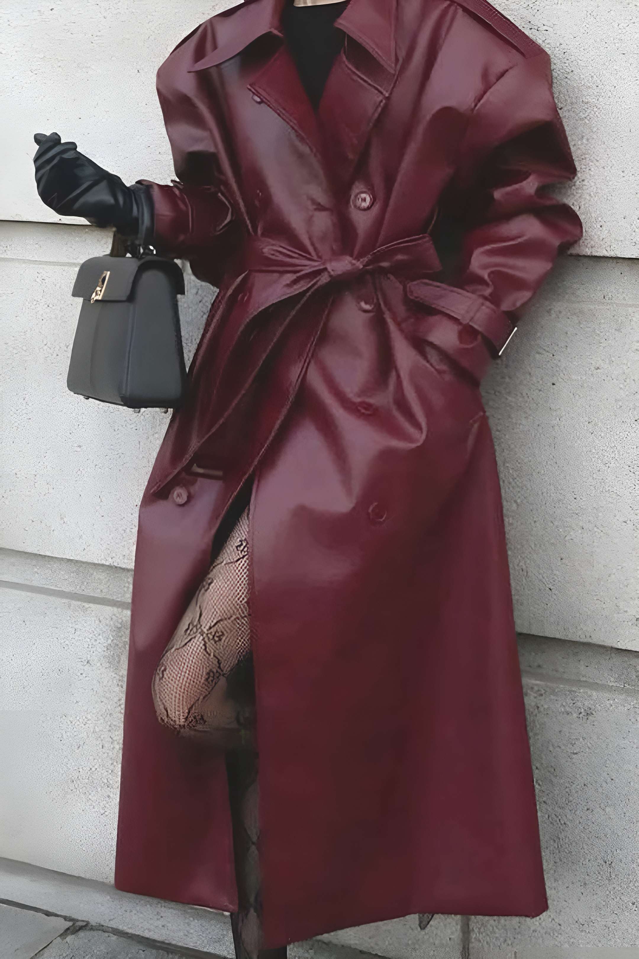 Elegant Bordeaux Faux Leather Trench Coat with Belt and Pockets for Women 1