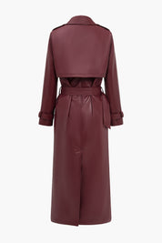 Elegant Bordeaux Faux Leather Trench Coat with Belt and Pockets for Women 2