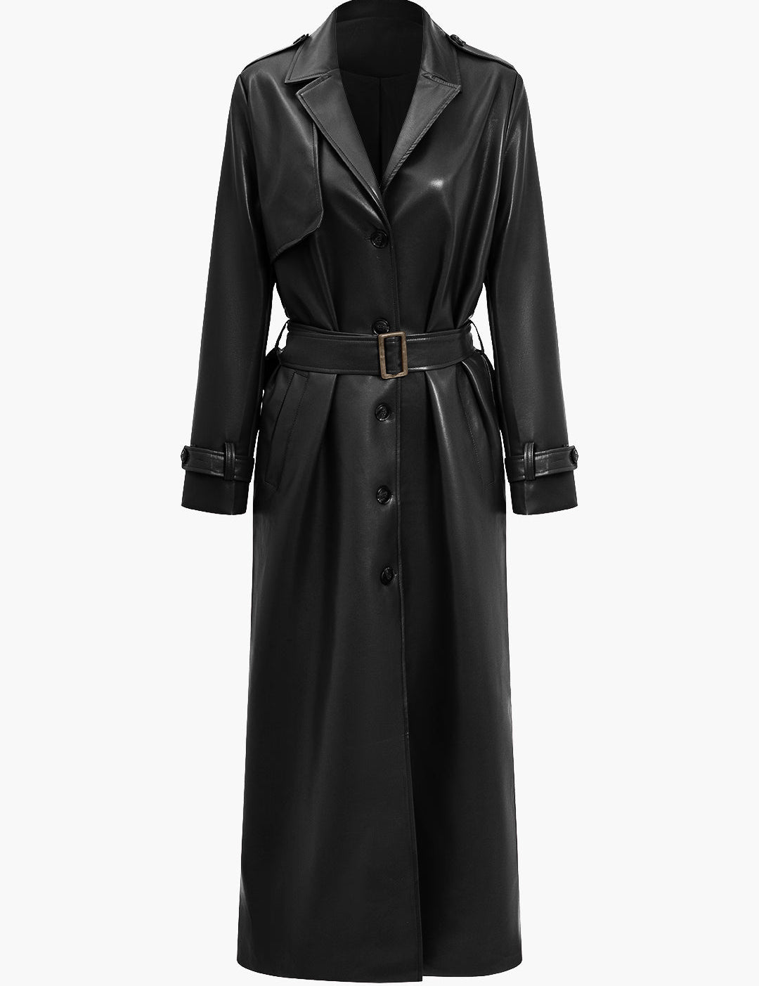 Elegant Bordeaux Faux Leather Trench Coat with Belt and Pockets for Women 4