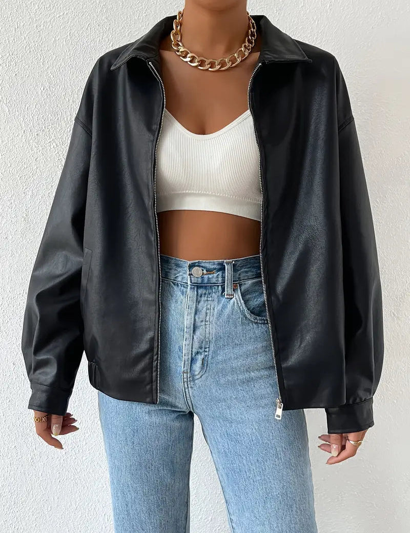 Faux Leather Jacket for Women – Stylish Zip-Front Layering Piece with Classic Collar in Black and Brown 0