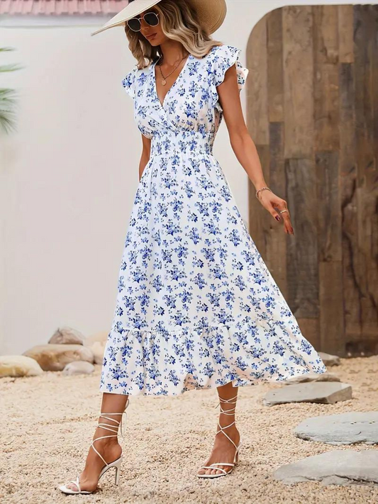 Cassia Midi Floral Dress with Shirred Waist for Summer