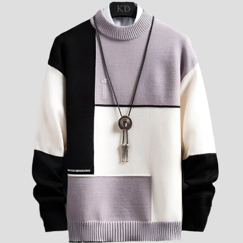 Women's Patchwork Pullover Sweater - Cozy Design with Circular Neckline and Elastic Sleeves 3