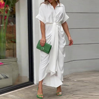 Shaina Short Sleeve Belted Button-Up Maxi Summer Dress