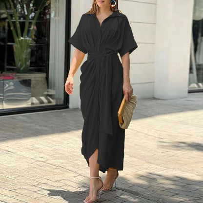 Shaina Short Sleeve Belted Button-Up Maxi Summer Dress