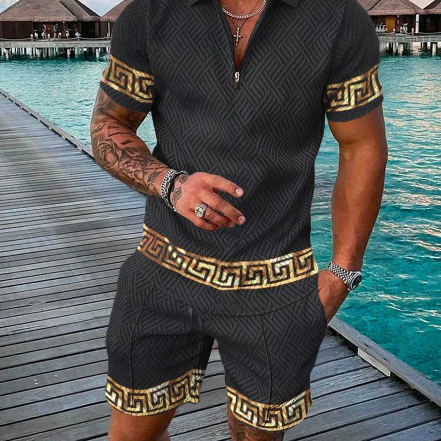 Men's Casual Two-Piece Set - Textured Short-Sleeve Polo & Shorts 0