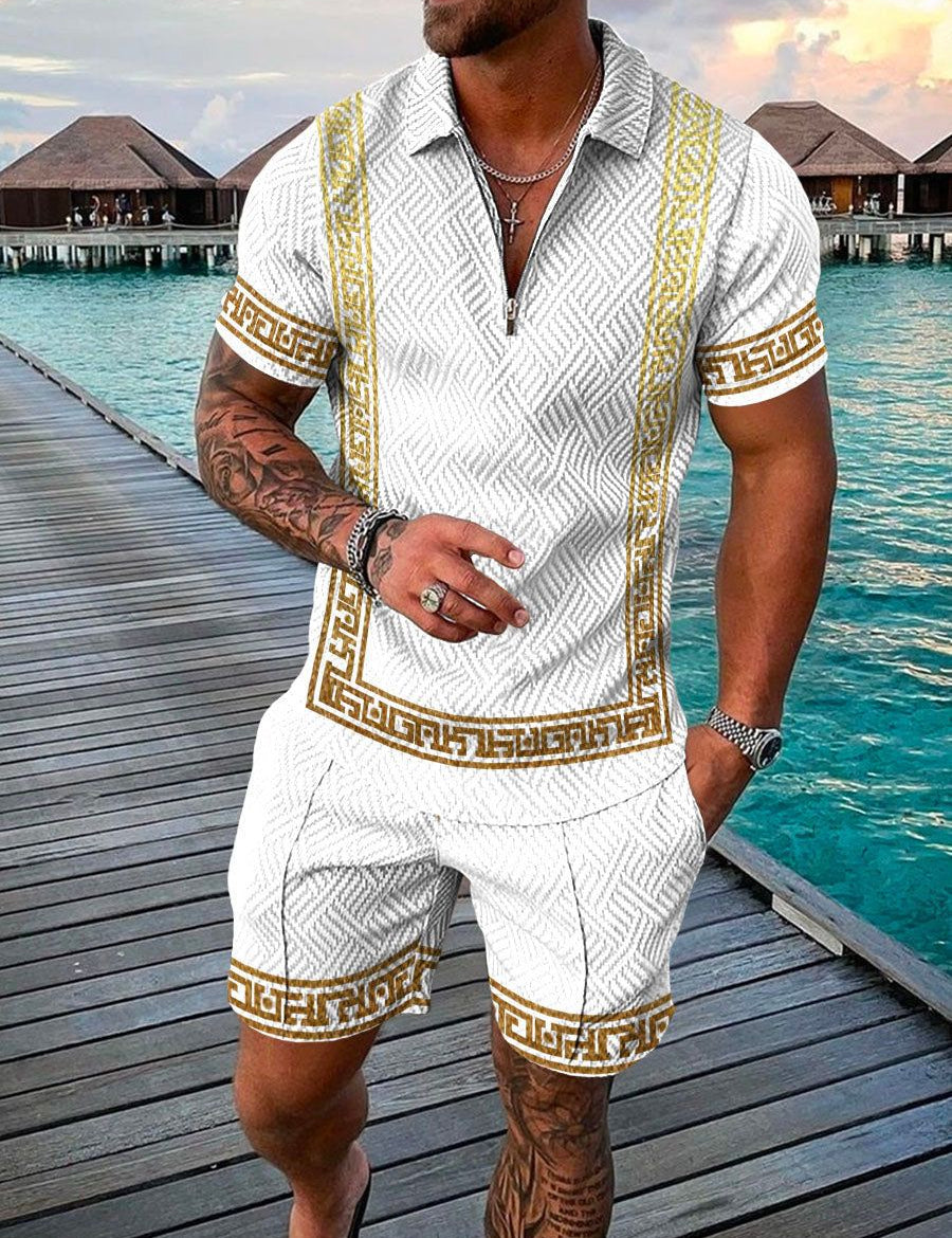 Men's Casual Two-Piece Set - Textured Short-Sleeve Polo & Shorts 1