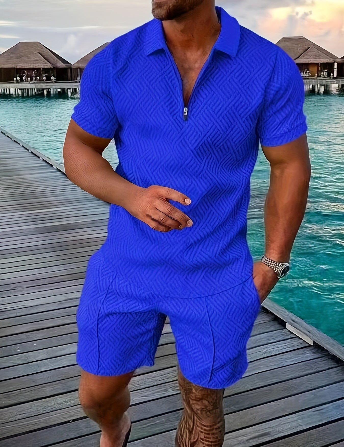 Men's Geometric Zip-Up Short Set 0