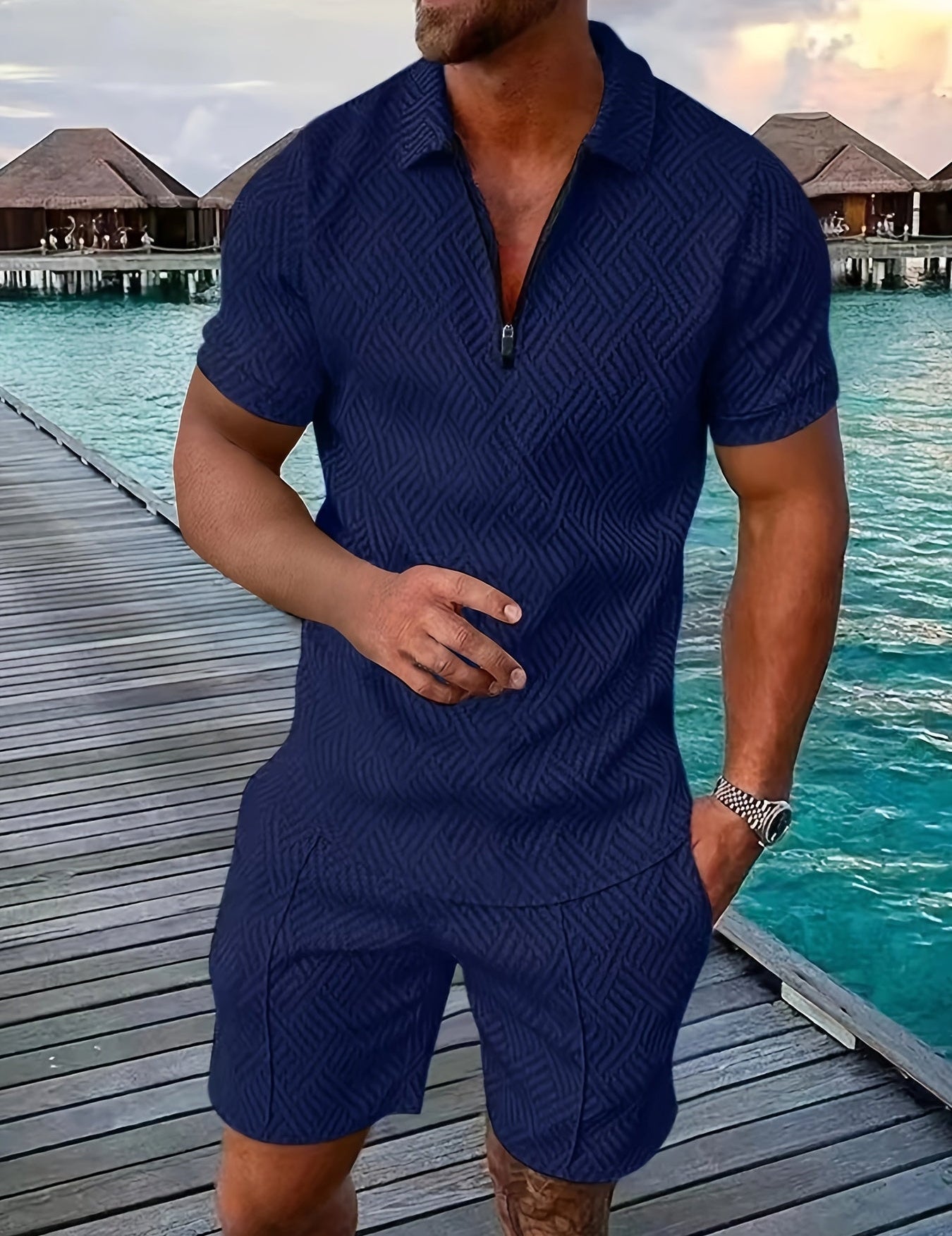 Men's Geometric Zip-Up Short Set 4