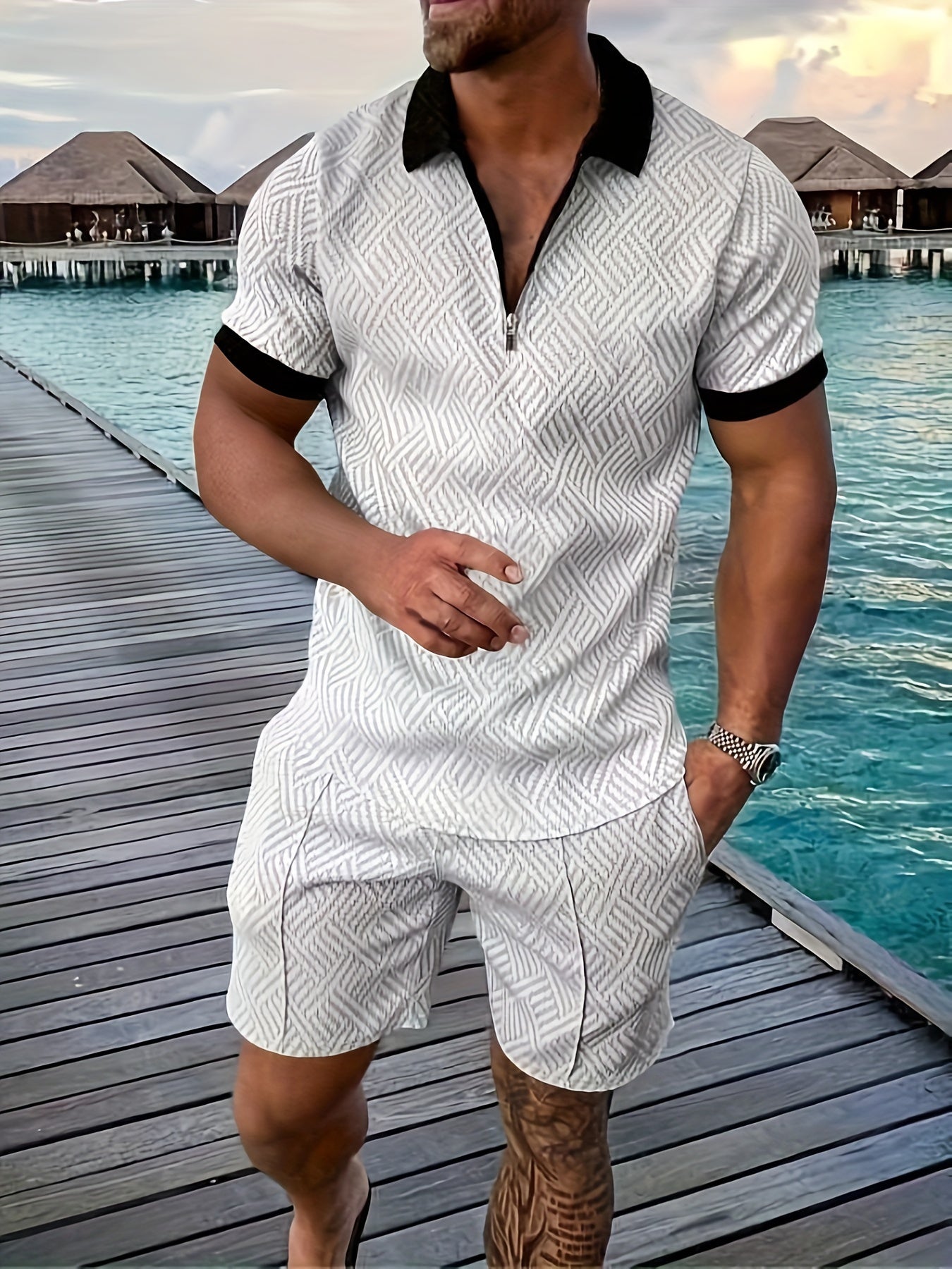 Men's Geometric Zip-Up Short Set 7