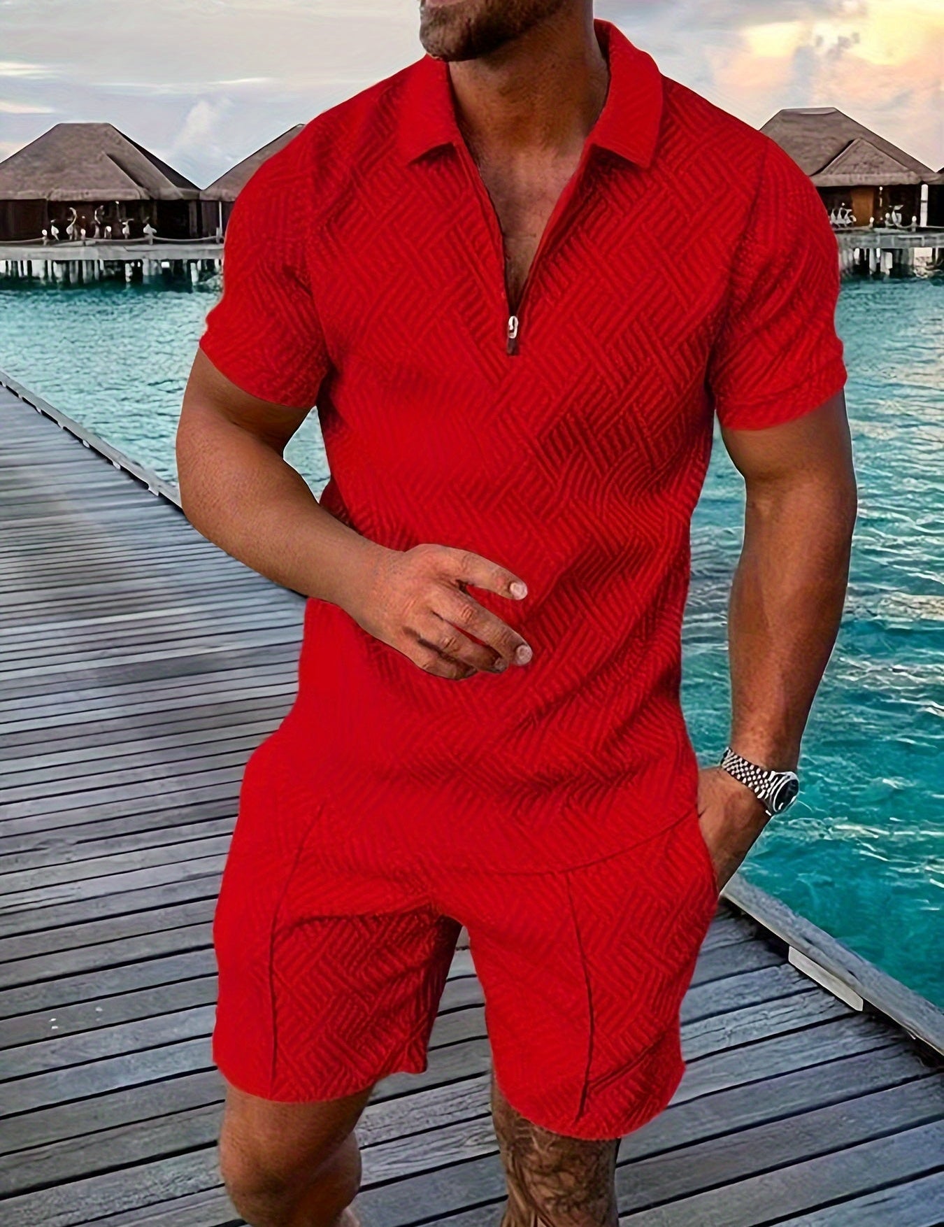 Men's Geometric Zip-Up Short Set 8