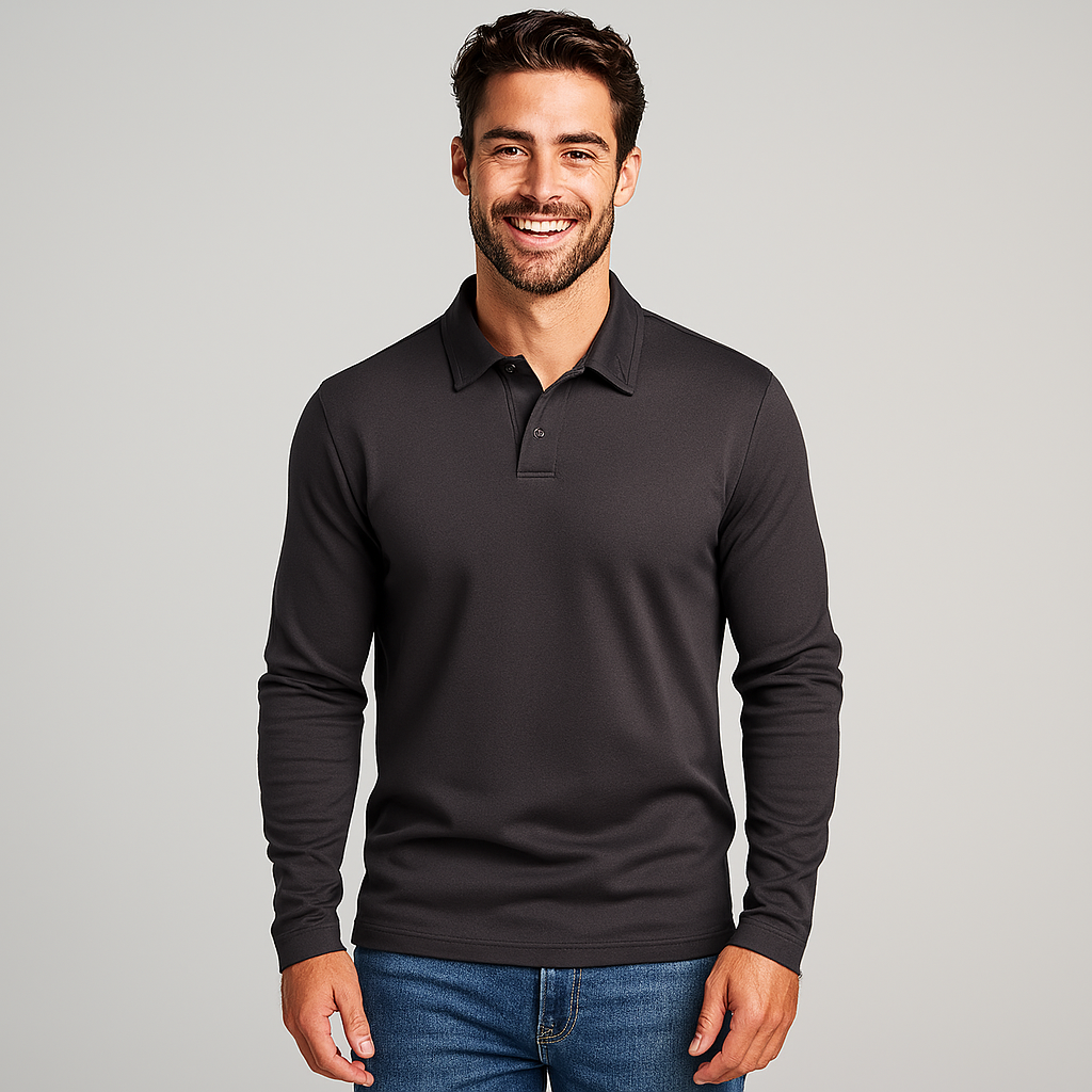 Man wearing a black long-sleeve polo shirt against a gray background