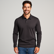 Man wearing a black long-sleeve polo shirt against a gray background