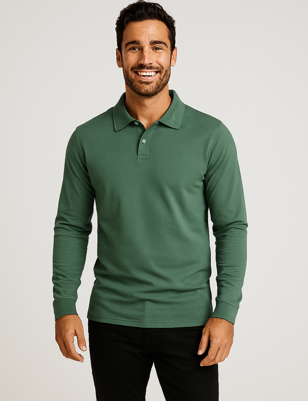 Man wearing a green long-sleeve polo shirt against a white background
