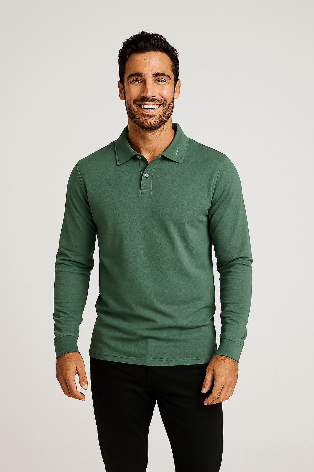 Man wearing a green long-sleeve polo shirt against a white background