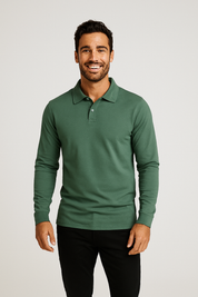 Man wearing a green long-sleeve polo shirt against a white background