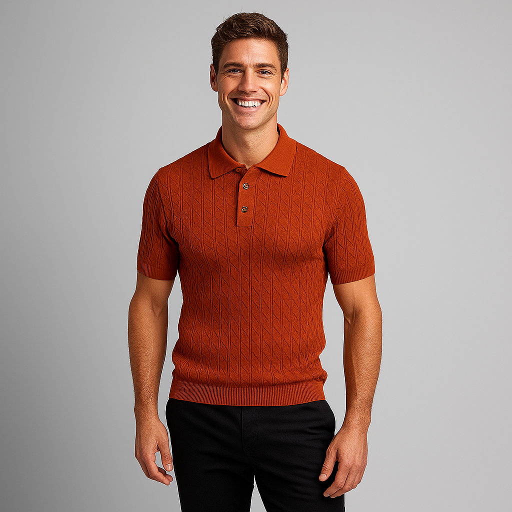 Man wearing a rust-colored knitted polo shirt against a gray background