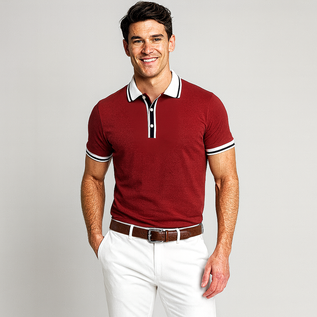 Man wearing a red polo shirt with white accents and white pants on a gray background