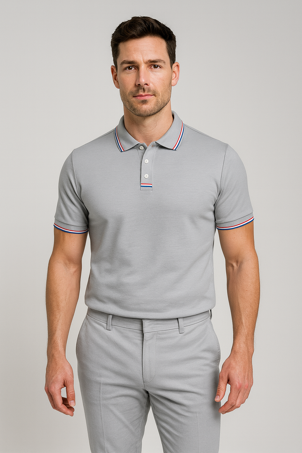 Men's Polo Shirt with Striped Collar - Short Sleeve Smart-Casual Style