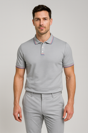 Men's Polo Shirt with Striped Collar - Short Sleeve Smart-Casual Style
