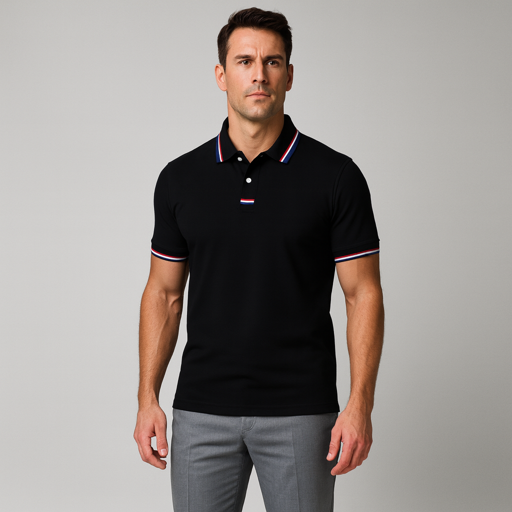 Men's Polo Shirt with Striped Collar - Short Sleeve Smart-Casual Style