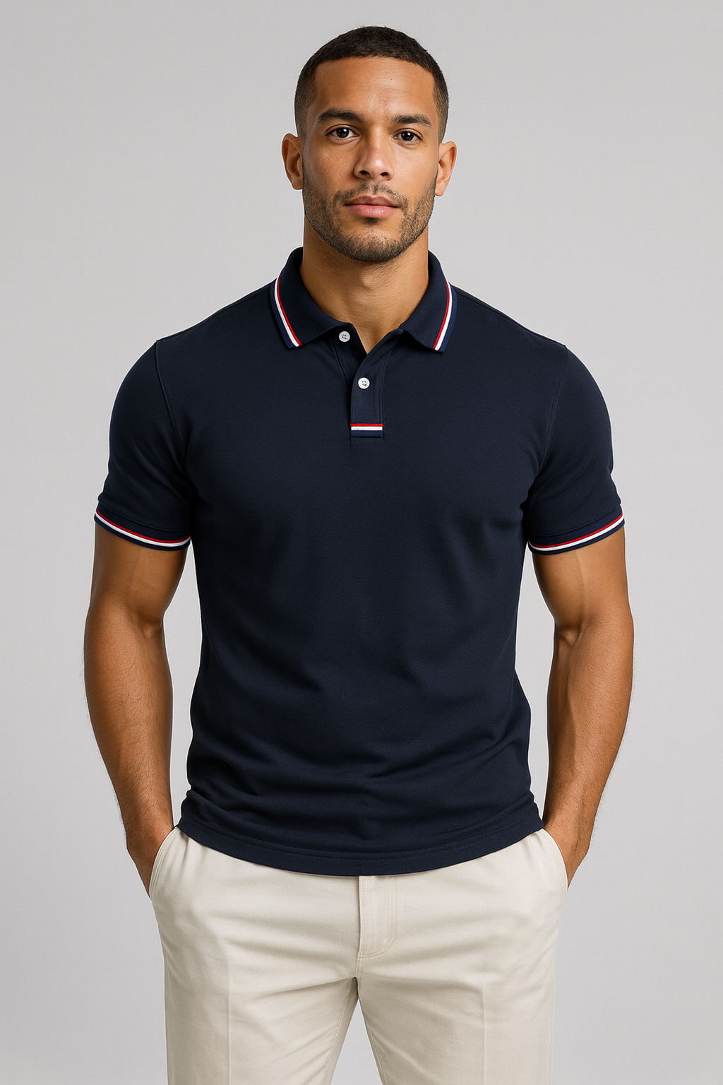 Men's Polo Shirt with Striped Collar - Short Sleeve Smart-Casual Style