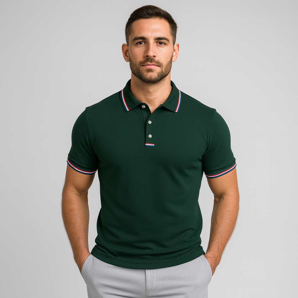 Men's Polo Shirt with Striped Collar - Short Sleeve Smart-Casual Style