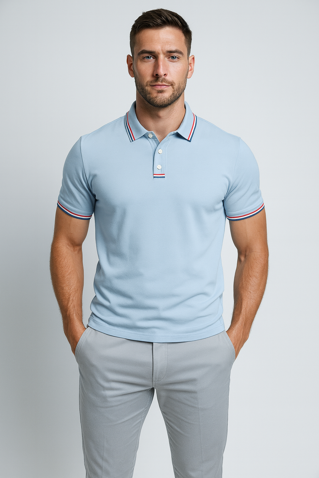Men's Polo Shirt with Striped Collar - Short Sleeve Smart-Casual Style