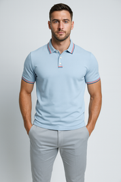 Men's Polo Shirt with Striped Collar - Short Sleeve Smart-Casual Style