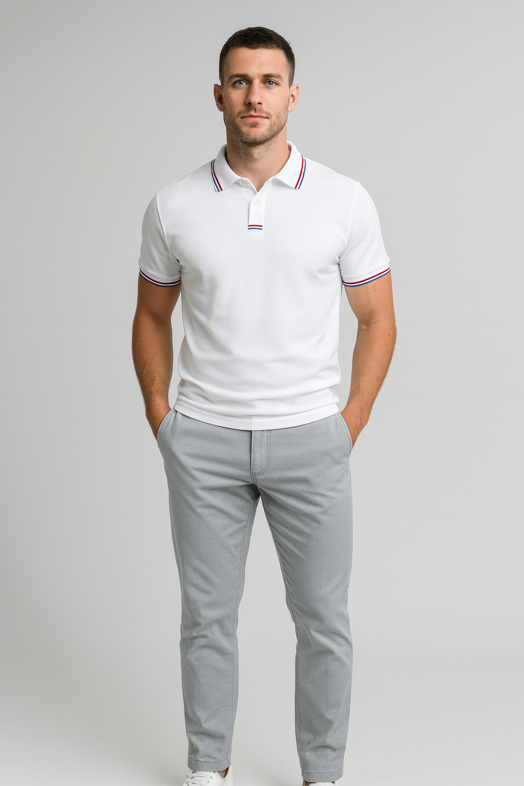 Men's Polo Shirt with Striped Collar - Short Sleeve Smart-Casual Style