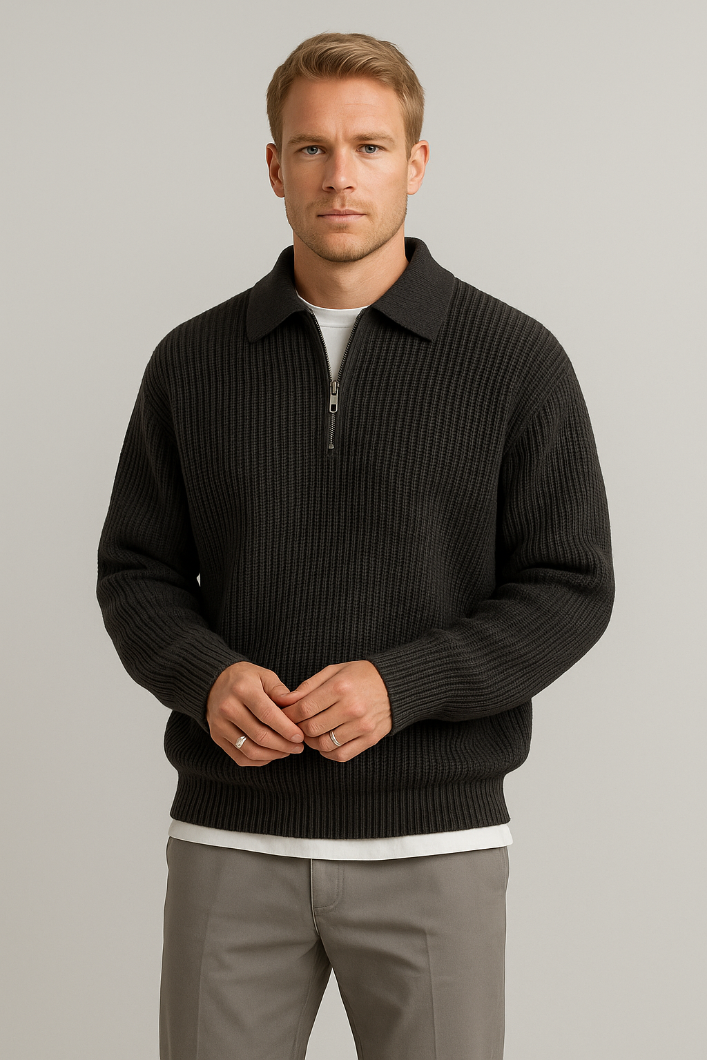 Men's Stylish Half Zip Polo Sweater for Every Occasion-black variant