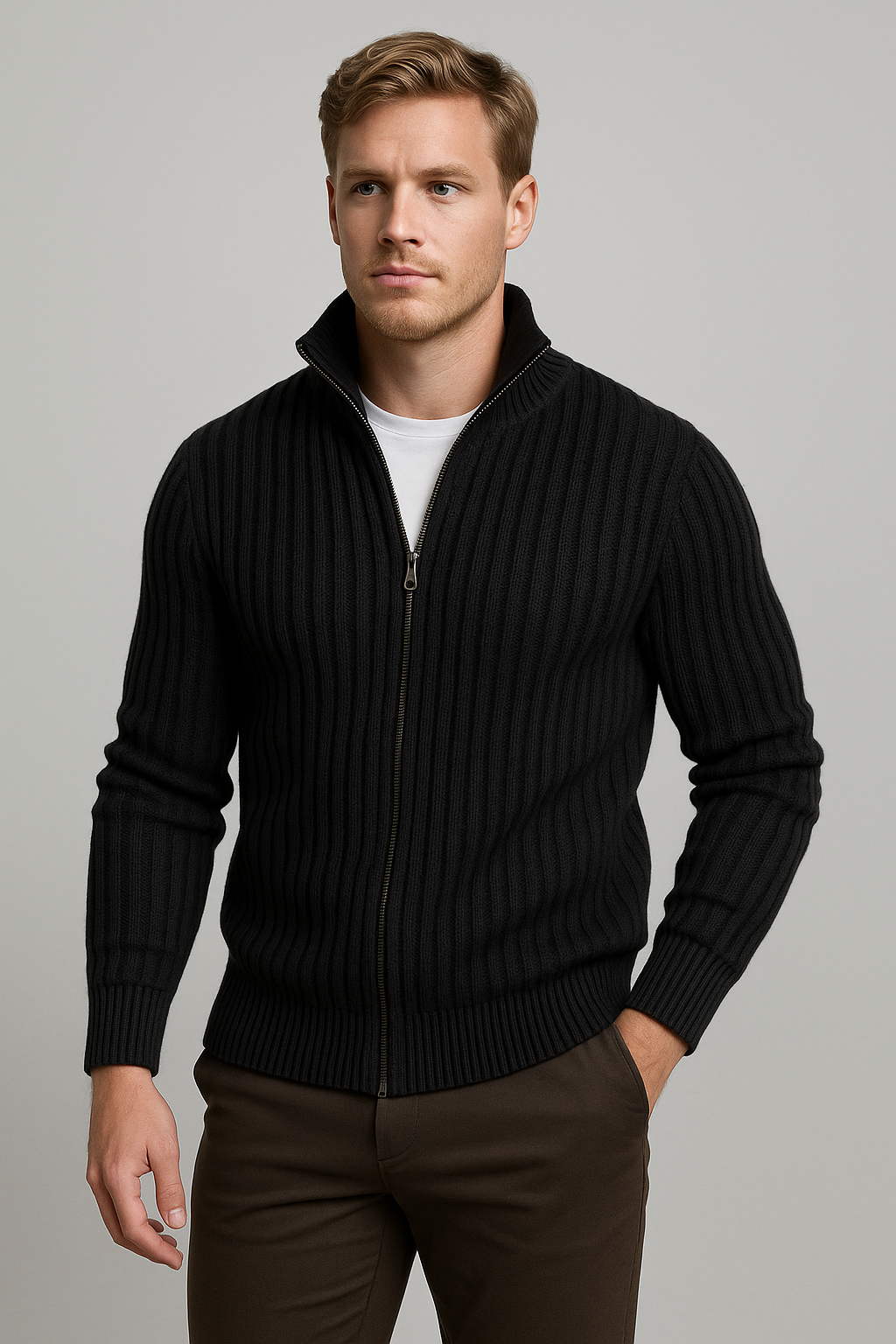 Men’s Zipper Velvet Cardigan – Thick Winter Knit Jacket-black