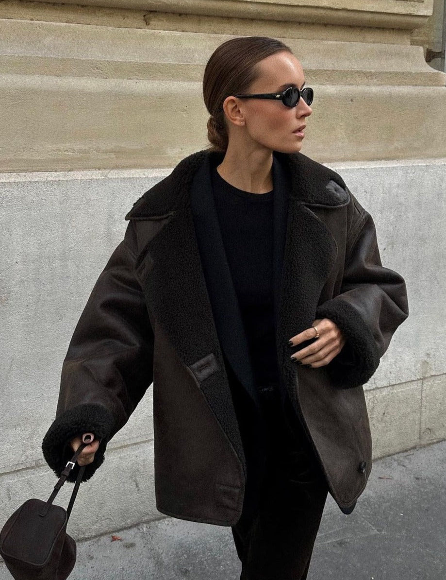 Oversized Faux Shearling Jacket with Wide Lapel Collar – Cozy Moto-Inspired Winter Outerwear 0
