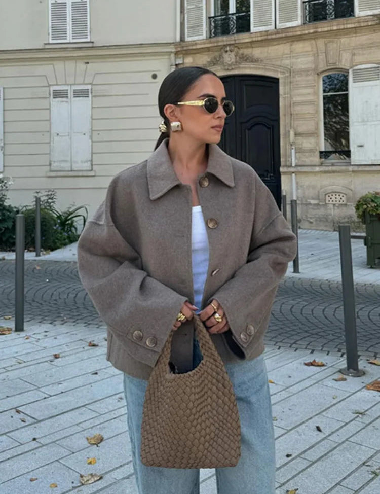 Oversized Wool Blend Jacket with Classic Collar and Button Closure for Fall and Winter Fashion 0