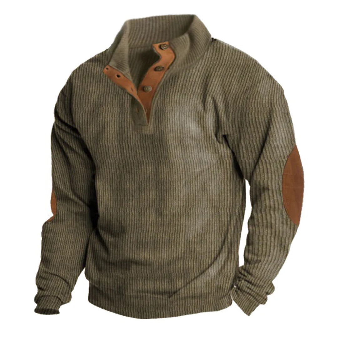 Men's Corduroy Sweater with Raised Collar in Green and Beige 1