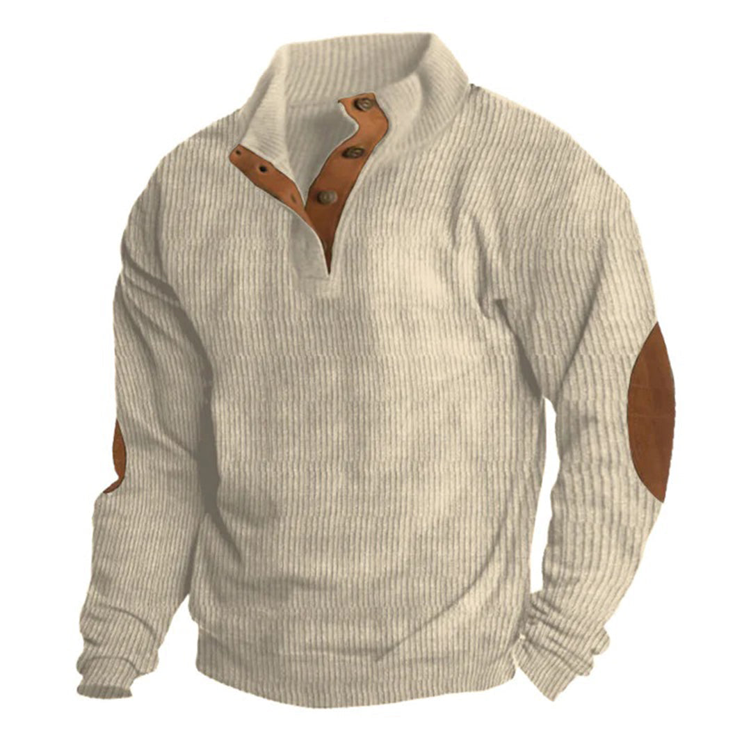 Men's Corduroy Sweater with Raised Collar in Green and Beige 2