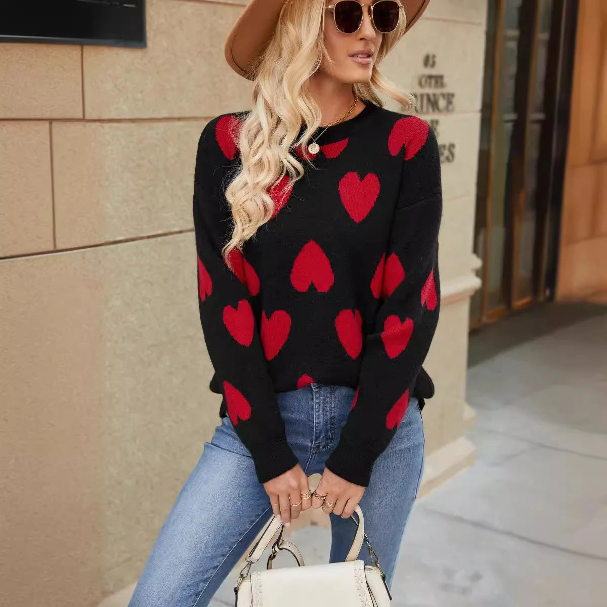 Women's Casual Sweater with Heart Print, Drop Shoulder Crewneck, Long Sleeve-1