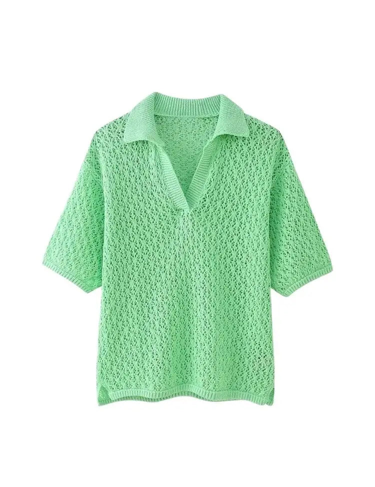 Women's Short Sleeve Polo Collar Sweater - Soft Pointelle Knit, Casual Fit-4