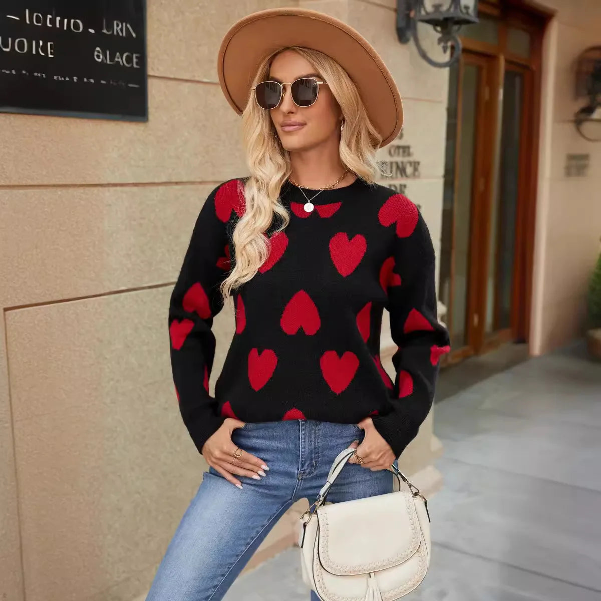 Women's Casual Sweater with Heart Print, Drop Shoulder Crewneck, Long Sleeve-4