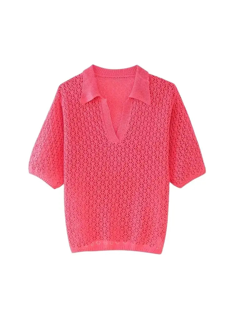 Women's Short Sleeve Polo Collar Sweater - Soft Pointelle Knit, Casual Fit-2