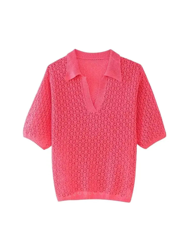 Women's Short Sleeve Polo Collar Sweater - Soft Pointelle Knit, Casual Fit-2