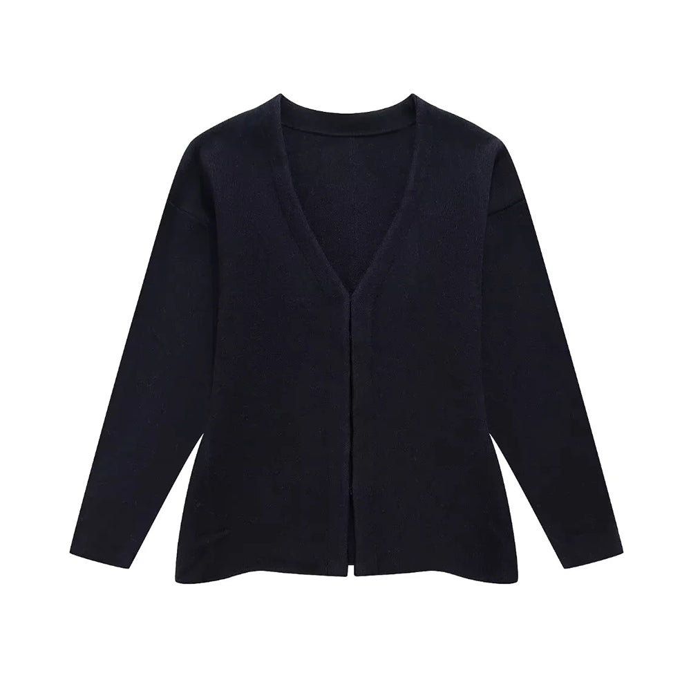 Women's Fitted Knit Cardigan Sweater with V-Neck and Side Split Hem
