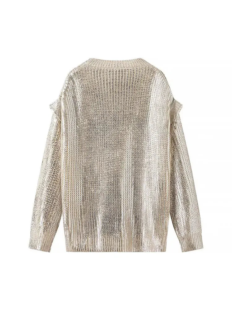 Women's Metallic Knitted Sweater - Long Sleeve Pullover with Gold Foil Finish-4