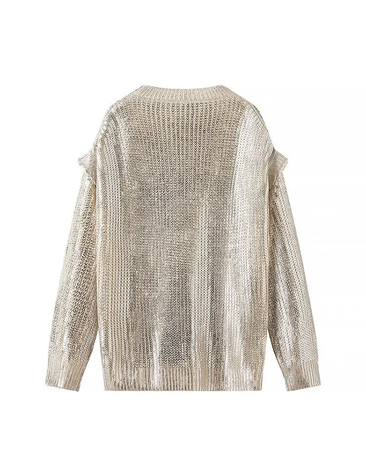Women's Metallic Knitted Sweater - Long Sleeve Pullover with Gold Foil Finish-4