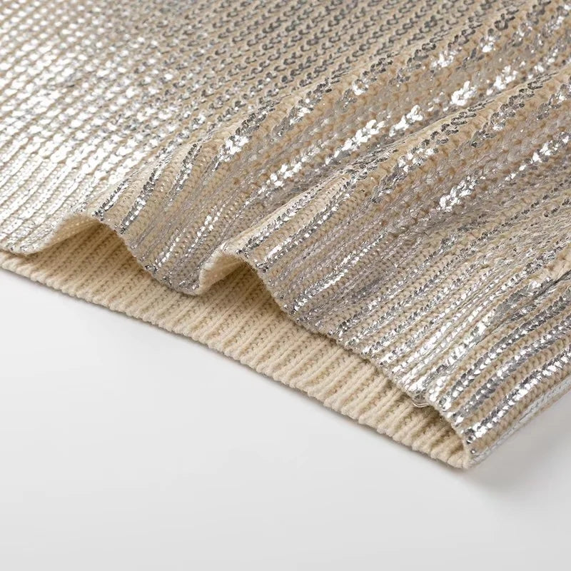 Women's Metallic Knitted Sweater - Long Sleeve Pullover with Gold Foil Finish