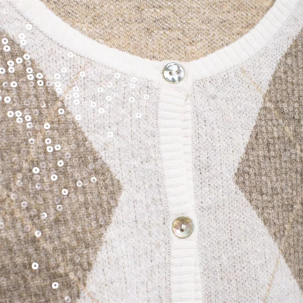 Women's Long Knitted Cardigan Sweater with Pearl Embellishments-3