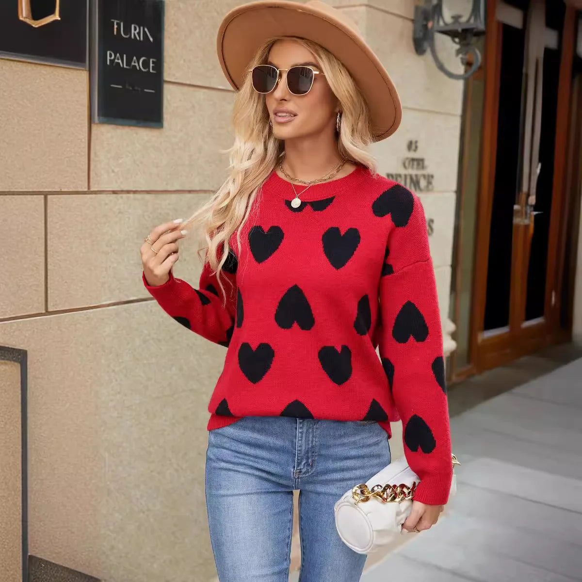 Women's Casual Sweater with Heart Print, Drop Shoulder Crewneck, Long Sleeve-3