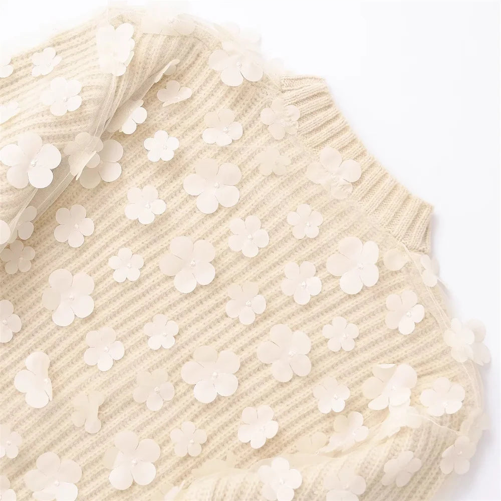 Women's Long Sleeve Knitted Sweater with Mesh Flower Decoration-5