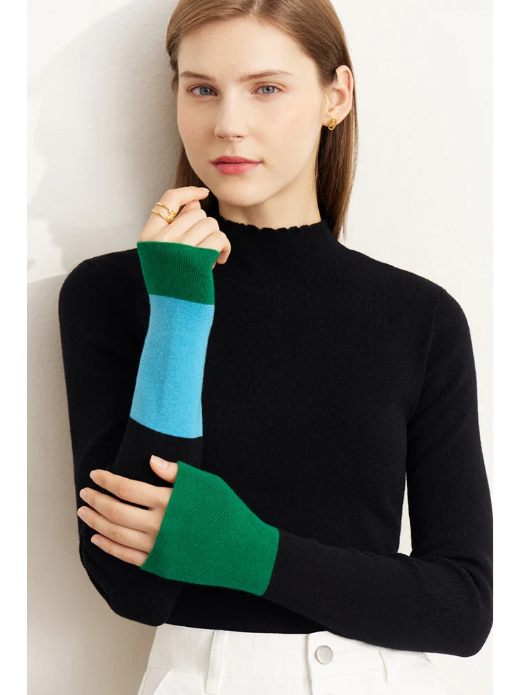 Women's Turtleneck Sweater - Cozy Knitted Patchwork for Office & Casual Wear 2