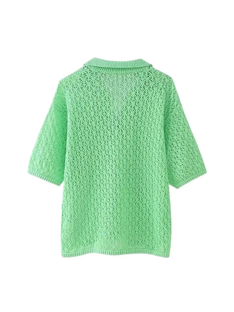 Women's Short Sleeve Polo Collar Sweater - Soft Pointelle Knit, Casual Fit-5